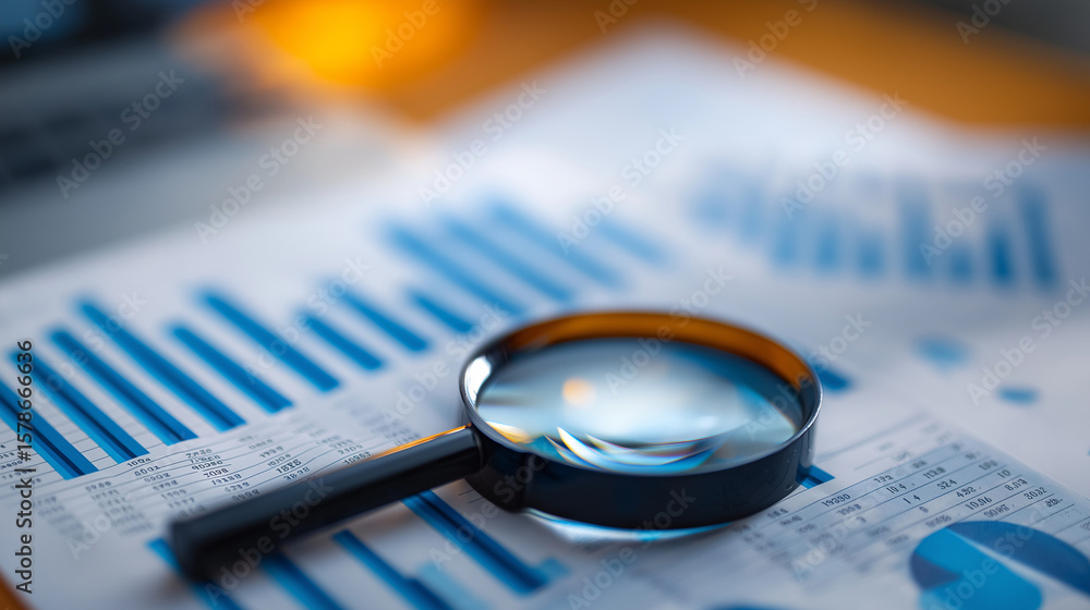 Poster close-up of a magnifying glass on data-driven spreadsheets