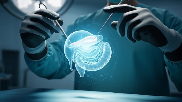Surgeon using futuristic instruments on a holographic digestive system