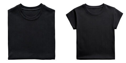 Set of black folded T shirt isolated on transparent background