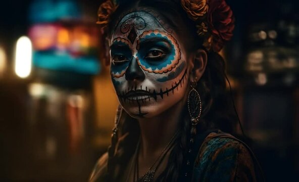 Woman with Day of the Dead makeup and flowers in hair