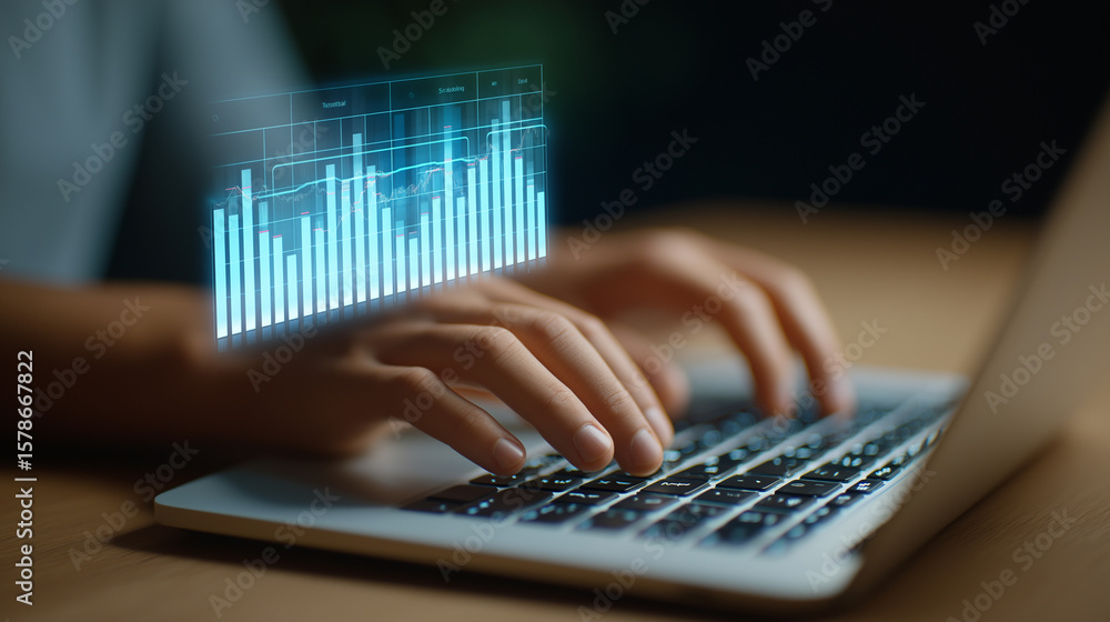 Poster close-up of hands typing on a sleek laptop with analytics dashboard