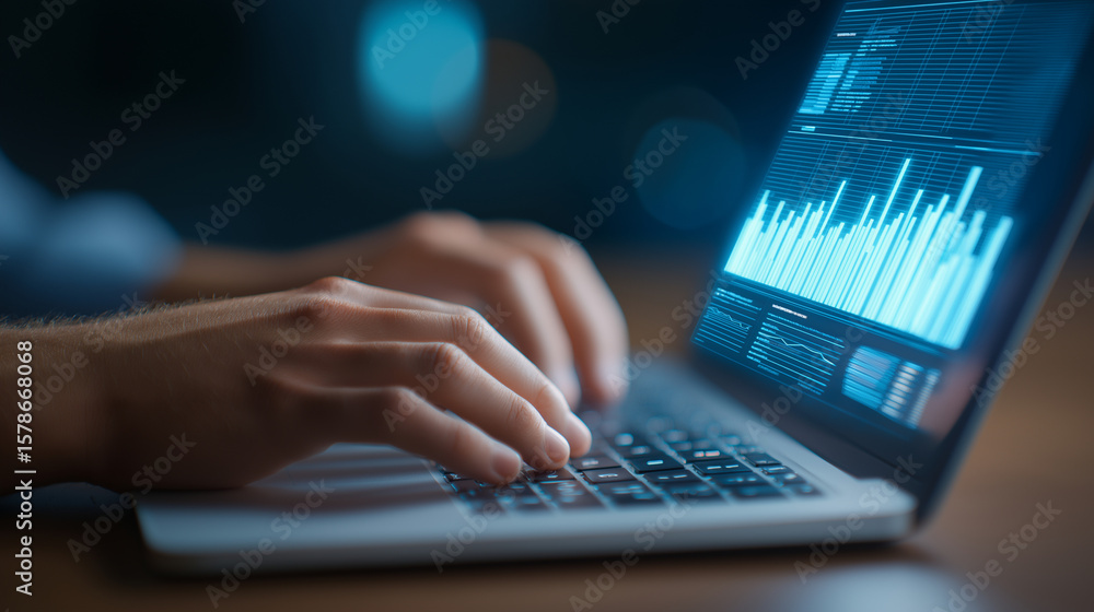 Aufkleber hands typing on a sleek laptop with an analytics dashboard overlay