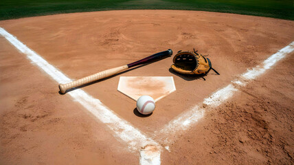 Top-down view of baseball gear arranged symmetrically on sunny infield corner.
