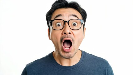 Man making a surprised facial expression, mouth wide open, eyes widened, portraying shock or surprise. Suitable for microstock usage to convey emotions and reactions in diverse situations. - Powered by Adobe