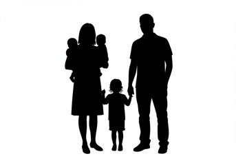 Silhouette of a family with two parents and three children on a white background