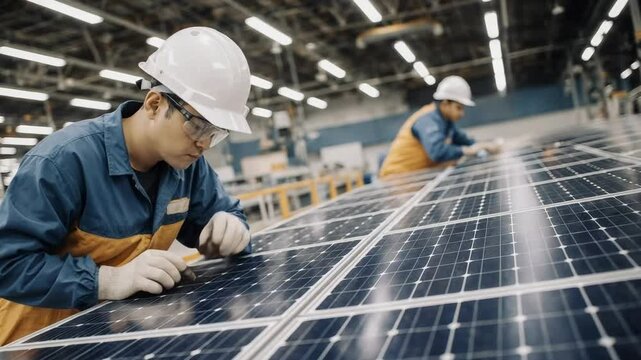 Workers installing solar panels at a renewable energy factory