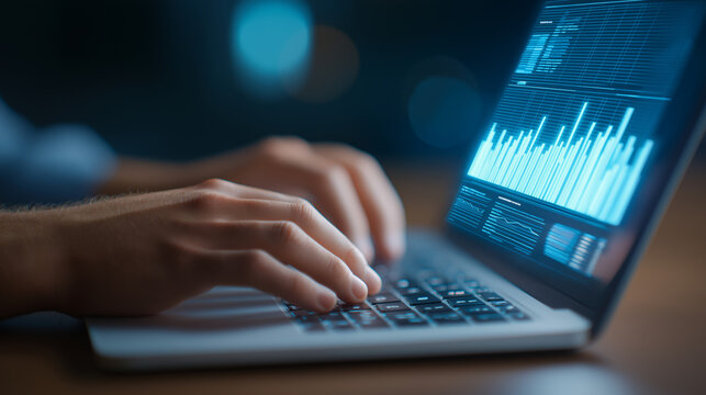 Hands typing on a sleek laptop with an analytics dashboard overlay