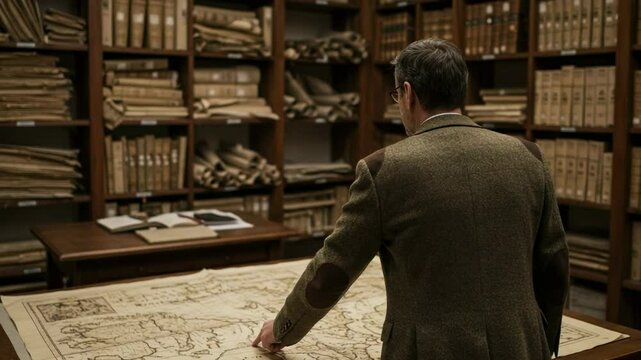 A male historian in a tweed jacket studies an ancient map in a vintage library. A scholar researching historical documents and archives for discovery and exploration.