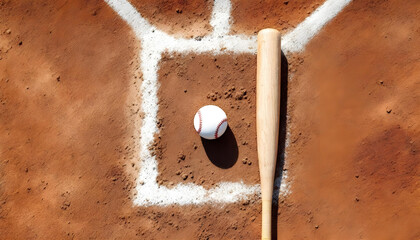 Top-down view of baseball gear arranged symmetrically on sunny infield corner.
