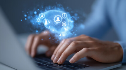 Close-up of Hands Typing on Laptop with AI Cloud Interface