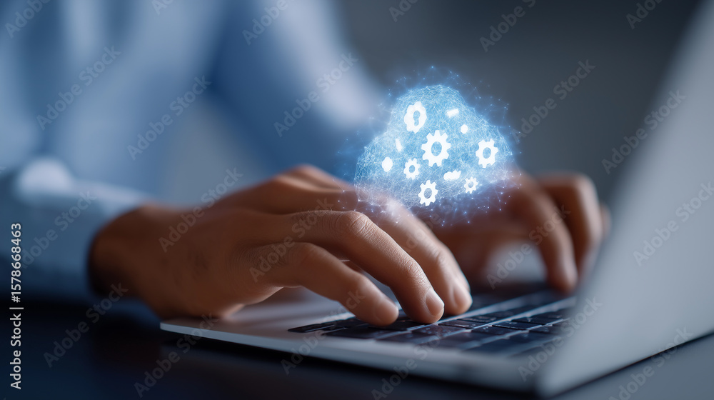 Poster close-up of hands typing on laptop with ai cloud interface