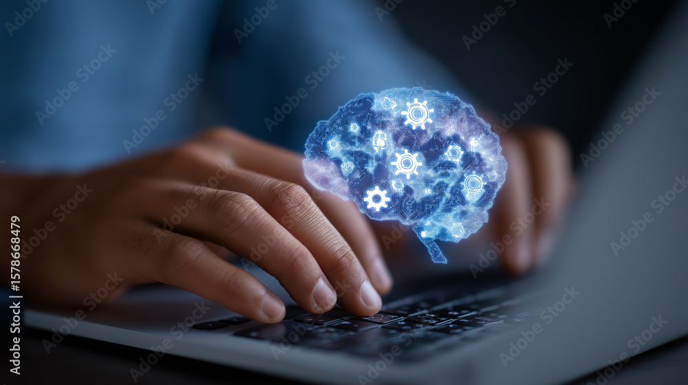 Poster close-up of hands typing on a laptop with ai cloud interface
