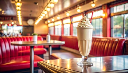Refreshing creamy milkshake awaits on vintage diner counter