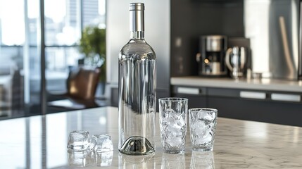：Transparent Wine Bottle, Ice - filled Glasses and Ice Cubes on Modern Open - plan Kitchen Countertop