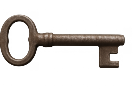Old, worn metal key isolated on a transparent background, evoking mystery and the unlocking of secrets