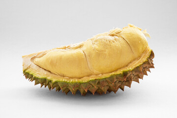Close-up of a cut durian fruit on a white background
