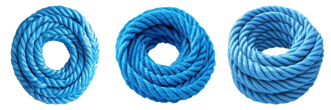 Set of blue rope roll isolated on transparent background