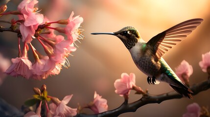 A hummingbird gracefully flies near blossoming cherry flowers, showcasing the beauty of nature and the vibrant colors of spring.