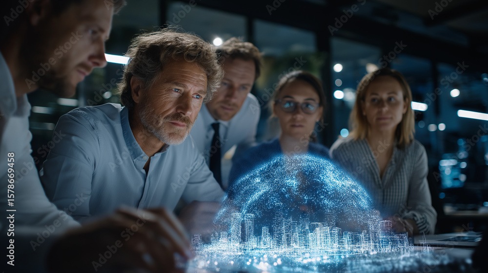 Poster teamwork and innovation: a team of professionals collaborate intently around a futuristic holographi
