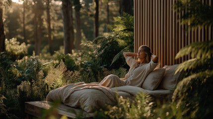 Serene Outdoor Retreat: A person reclining on a plush daybed, enjoying the tranquil embrace of nature amidst a modern cabin setting, where sunlight filters through lush foliage.