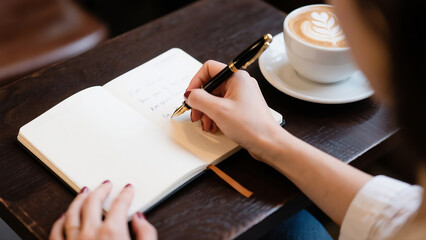 Woman's hands writing in a journal with a pen at a cafe table, with a cup of latte nearby; a...