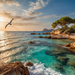 beautiful beach view with bright sun and blue clouds, sunset on the beach