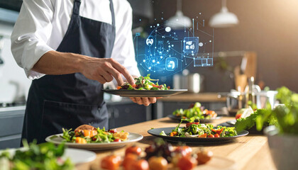 Chef Preparing Salad with Technology Overlay Culinary Innovation in Restaurant Kitchen
