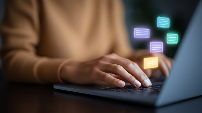 Close-up of hands typing on laptop with holographic chat interface