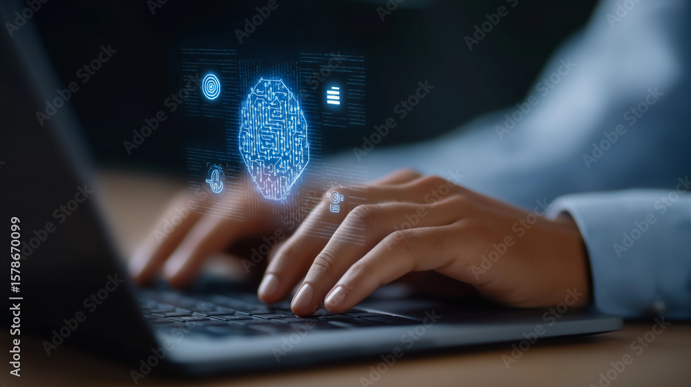 Poster ai document workflow concept with hands on laptop