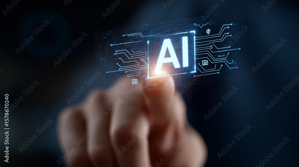 Poster ai button with finger touching in digital environment