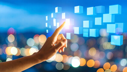 A hand interacting with illuminated digital cubes, set against a blurred cityscape background.