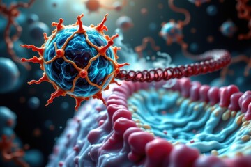 ribosome bound to er synthesizing secretory proteins, glowing polypeptide threading into er lumen, biological detail with membrane folds and molecular action.