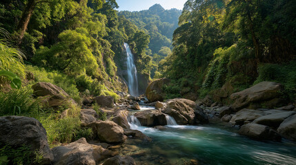 Serene Waterfall Oasis: A breathtaking panorama unfolds, revealing a powerful waterfall cascading into a pristine, turquoise pool within a lush, vibrant rainforest.