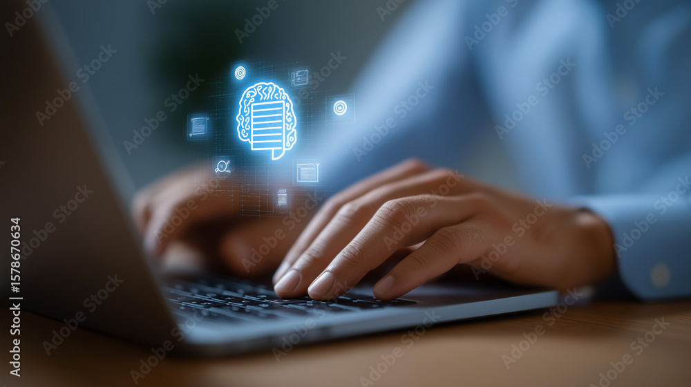 Poster close-up of hands using laptop with holographic ai workflow