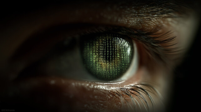 Digital Reflection: A close-up of a human eye with binary code reflected in the iris, hinting at concepts like artificial intelligence, digital world and surveillance