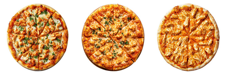 Set of buffalo chicken pizza elegance from above isolated on transparent background