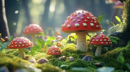 Fairy tale mushrooms in a sunlit forest
