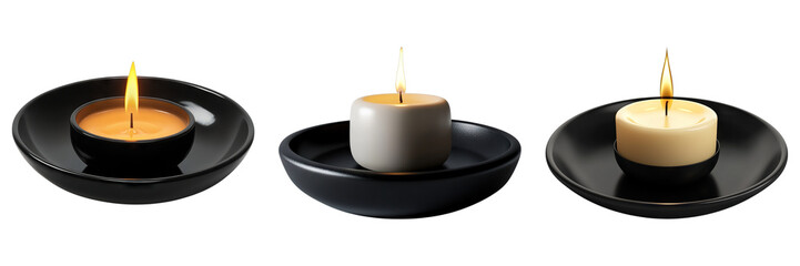 Set of burning candle in a black plate isolated on transparent background