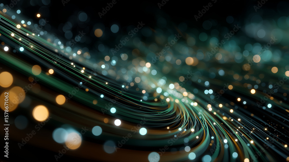 Poster abstract data stream: a mesmerizing swirl of glowing teal and gold fiber optic cables, creating an a