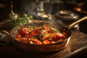 Indulgent lobster à l'Américaine dishes in rustic seaside setting