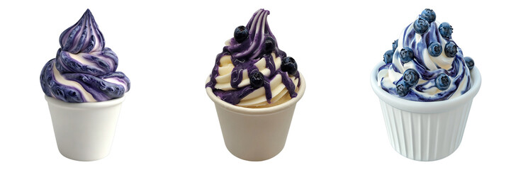 Set of buttermilk blueberry swirl soft serve ice cream isolated on transparent background