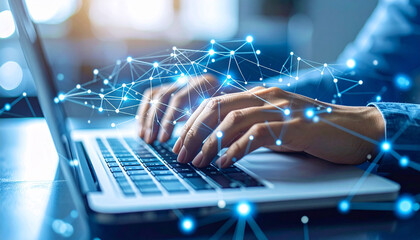 Close-up of hands typing on a laptop, with digital network connections overlaid.