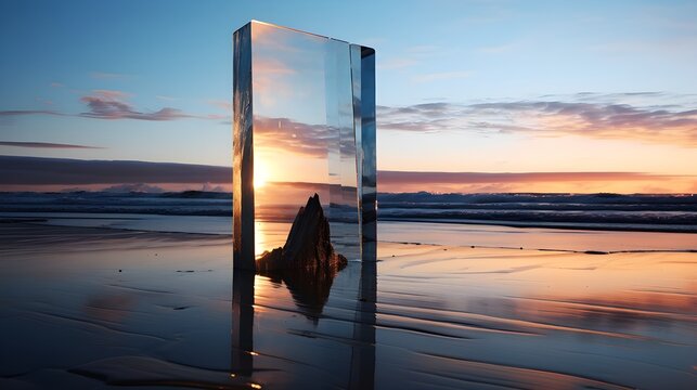 A serene coastal landscape featuring a reflective glass monolith reflecting the ocean sunset, blending art and nature in a unique composition.