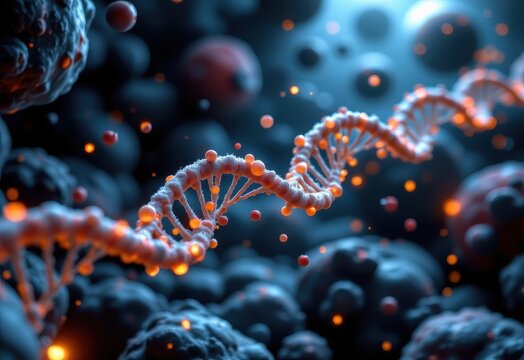 mrna traveling from nucleus to cytoplasm with ribosomes attaching along it, glowing particles forming polypeptide strands.