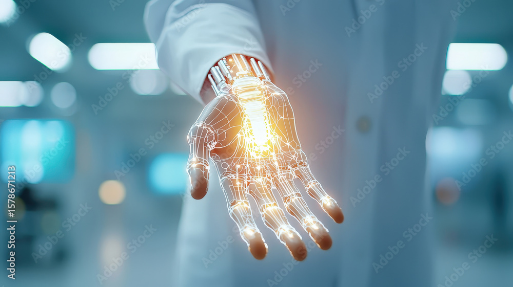 Poster futuristic robotic hand is being presented by person lab coat, showcasing advanced technology and in