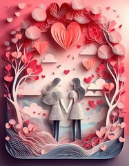 Creative 3D cutout scene for Friendship Day featuring characters holding hands and ‘Forever Friends’ text surrounded by paper-cut clouds and floating pink hearts