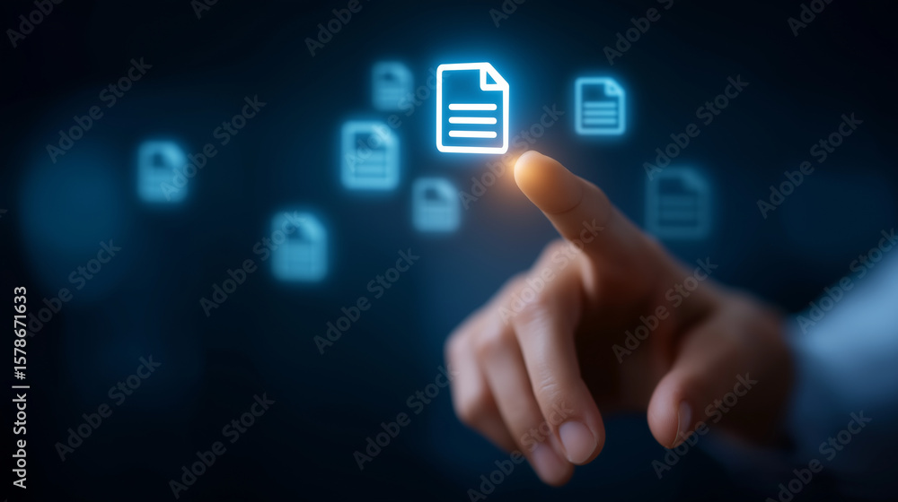 Poster close-up of finger tapping holographic document icon in grid interface