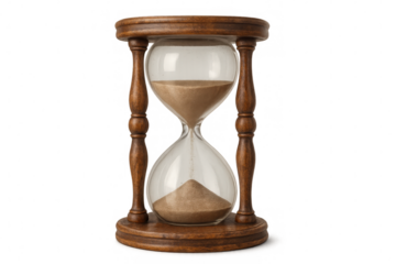 Wooden hourglass marking time, sand trickling between glass chambers against clear backdrop