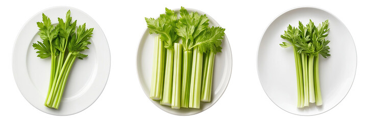 Set of celery on a white plate isolated on transparent background