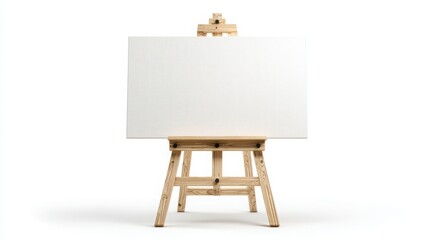 A blank white canvas rests on a wooden easel ready for artistic creation isolated on white background
